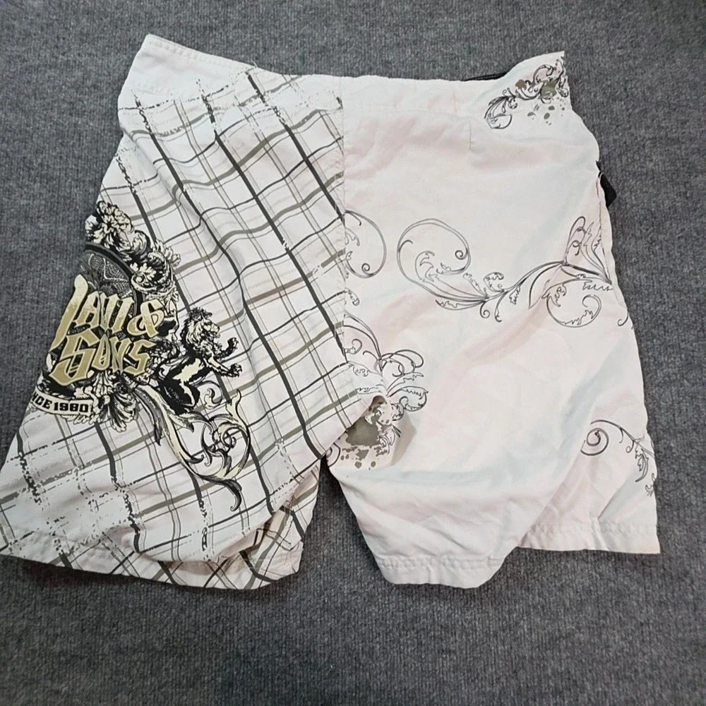 Maui And Sons Board Shorts Mens 34 White Plaid Surf Swim Quick Dry Lined Logo
